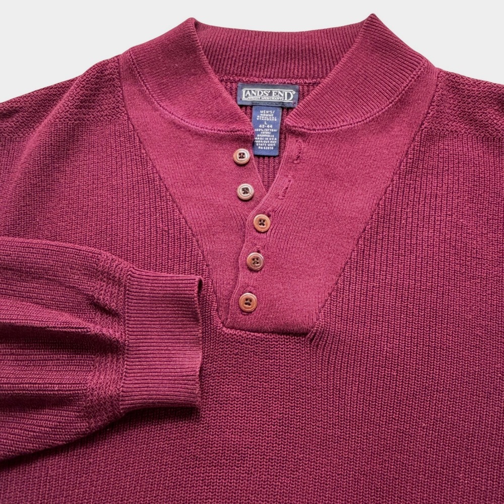VTG USA Lands End Sweater L Burgundy Cotton Preppy Dark‎ Academia Ivy Low Shawl